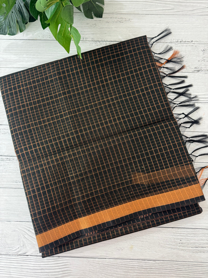 Mangalagiri Silk Cotton Saree with zari checks MS90321 - Dark Green(mix of black)