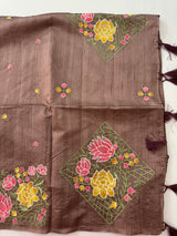 Crushed Blended tussar silk saree with embroidery- SNFCYEY DarkMauve