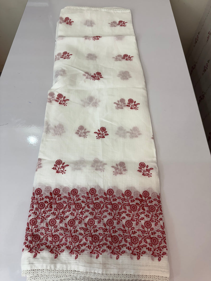 Soft kota checks saree with embroidery - SVTS38 white & red