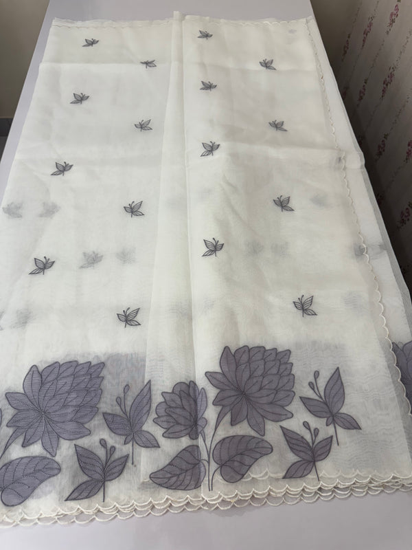 Tissue mix soft silk saree with applique work MTSS5432 White to Grey