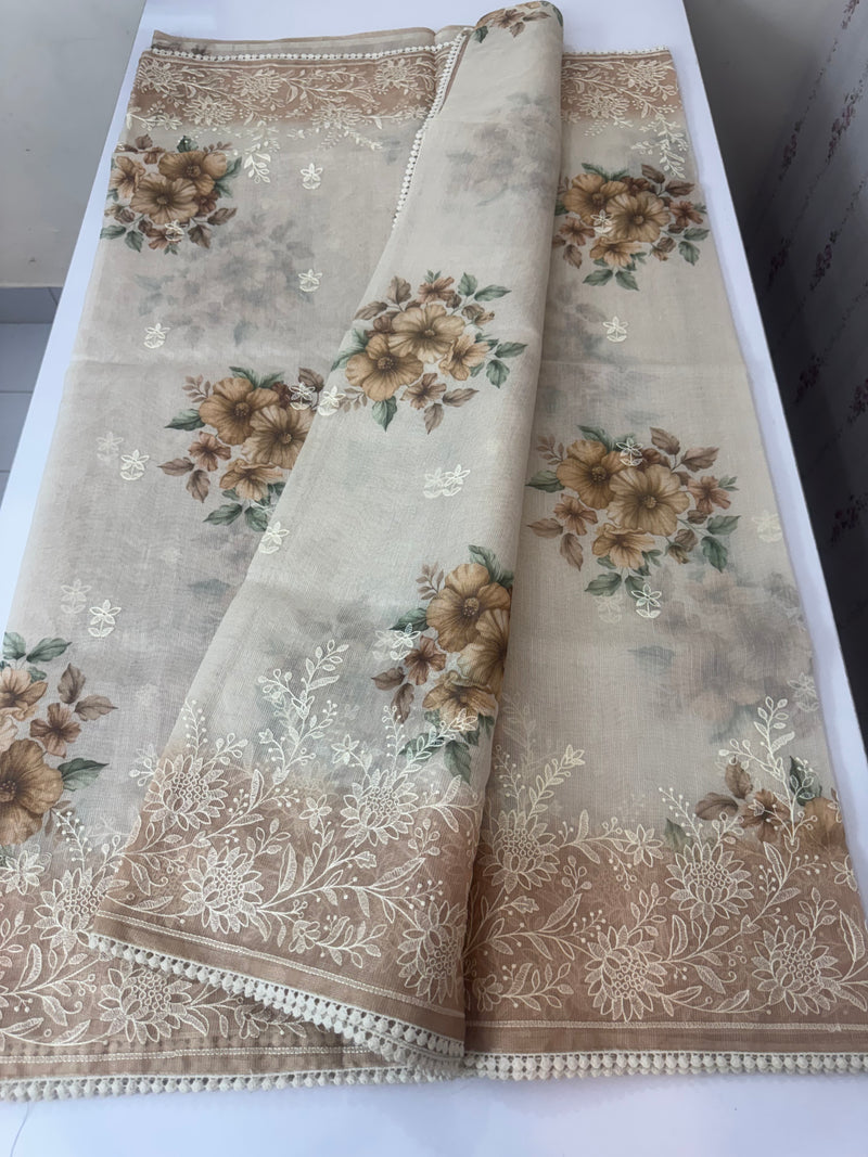 Digital printed Tissue silk saree with Chikankari embroidery MS88786