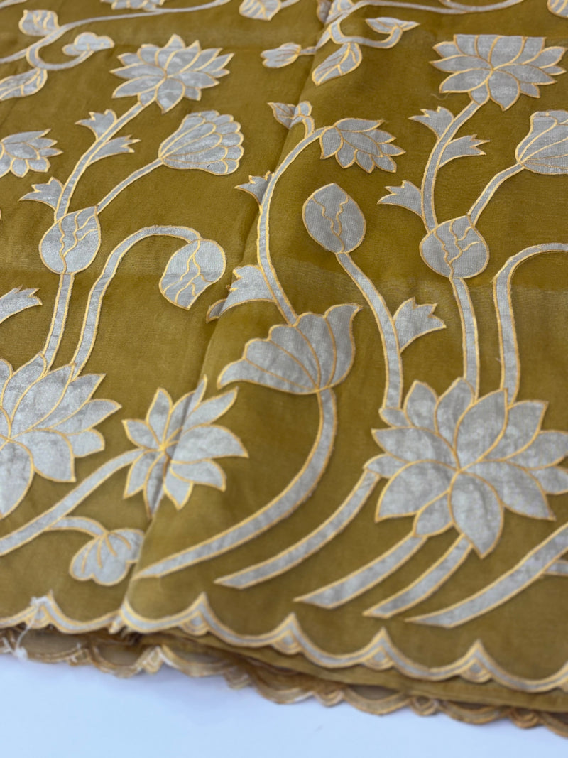Dual tone Crush silk Organza Applique work saree MS14567- DuskyMustardYellow