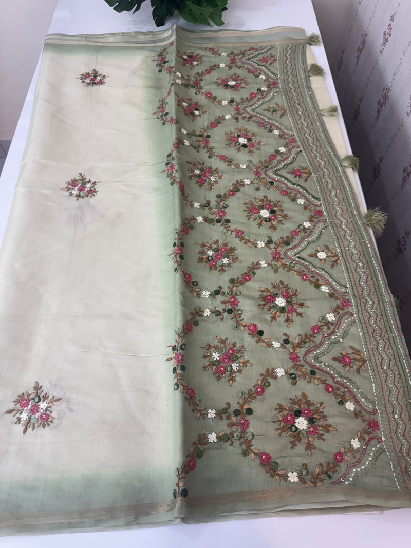 Kosa Tussar silk saree with hand embriodery - MS8199 DuskyGreen