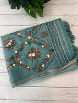 Kosa Tussar silk saree with hand embriodery - MS8199 Blue