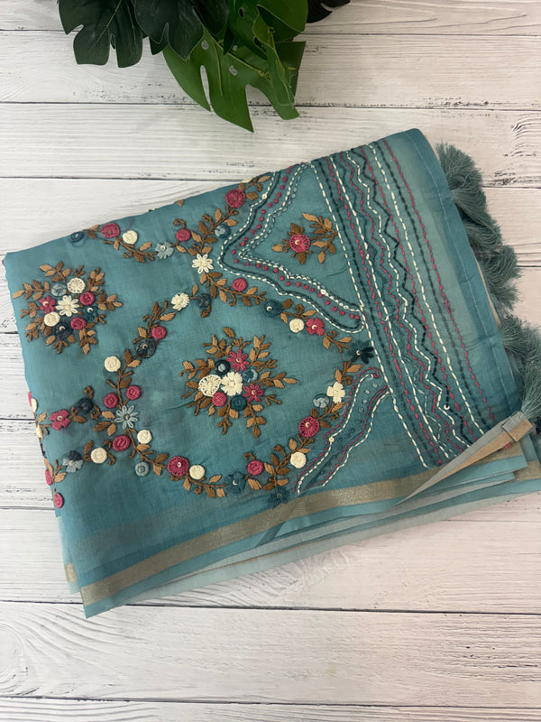 Kosa Tussar silk saree with hand embriodery - MS8199 Blue