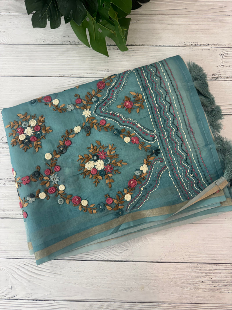 Kosa Tussar silk saree with hand embriodery - MS8199 Blue