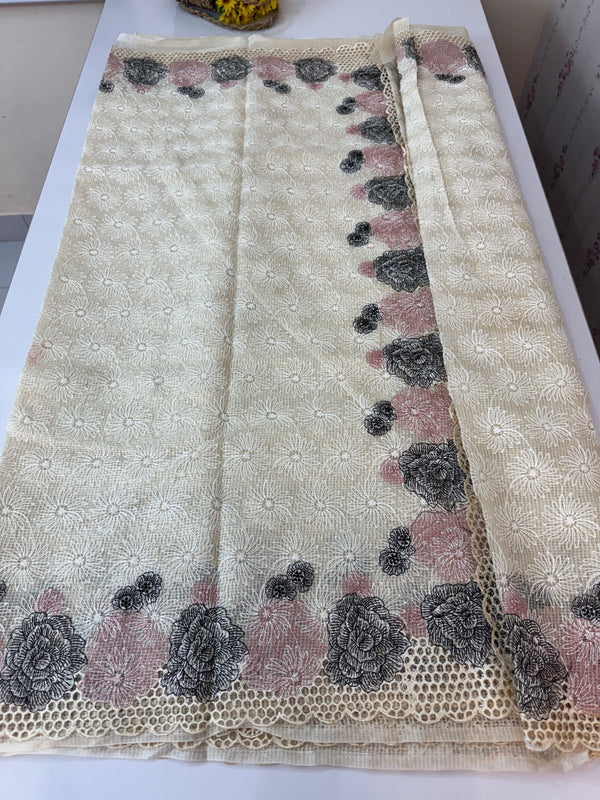 Cutwork Phulkari NetKota Embroidery saree - OffWhite