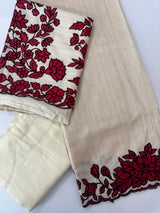 Unstitched Blended tussar suit set with applique work- MK105(1) PearlCream