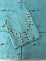 Unstitched Silky Kota Set with embroidery- MK66 PastelBlue