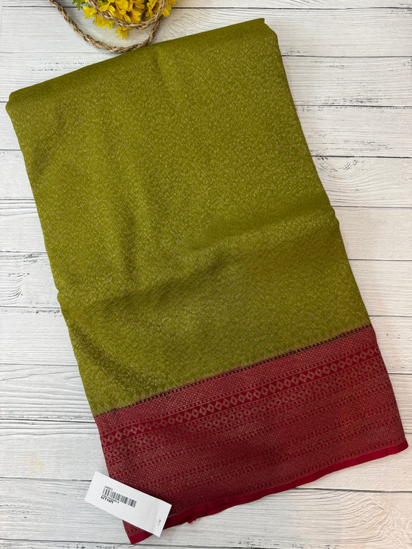 Banarasi semi katan saree with contrast border MS6665- ParrotGreen to MaroonRed