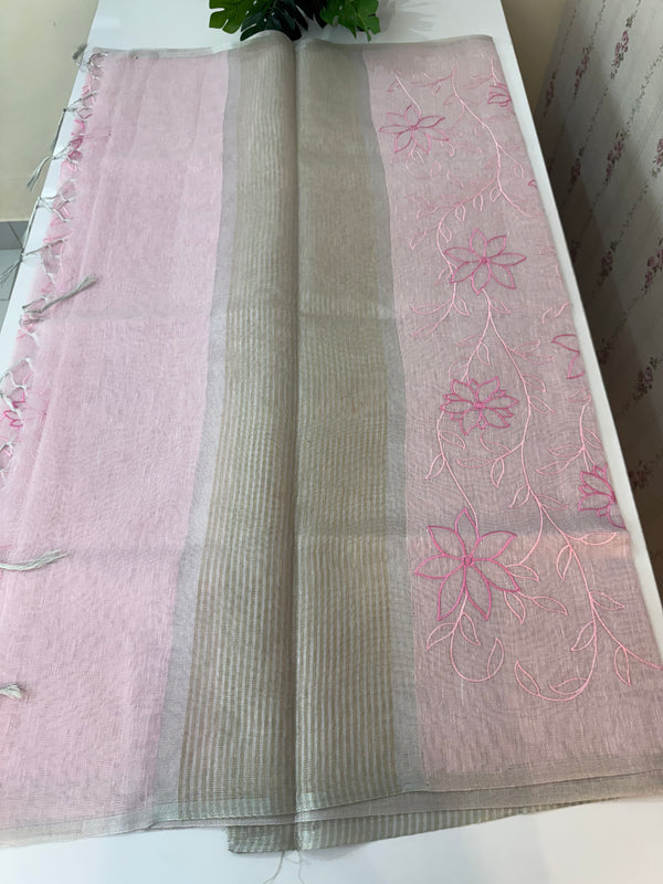 Tissue Linen Saree with embroidery MRS786 - PastelPink