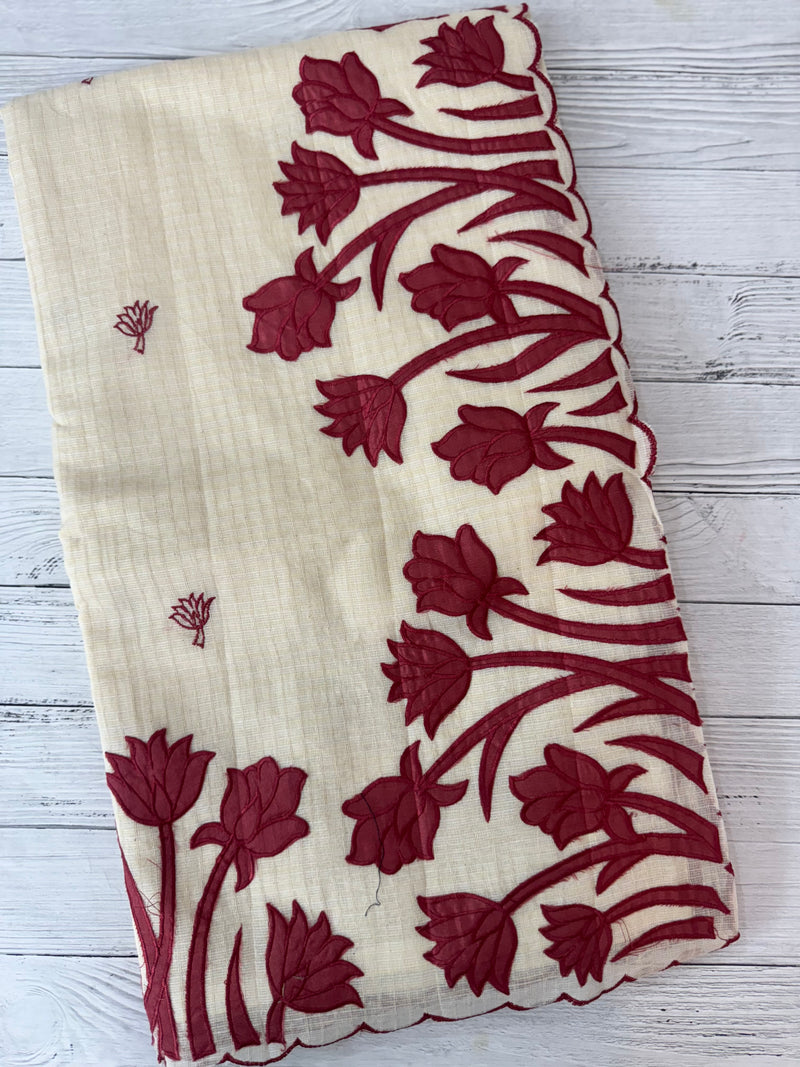 Jute Linen Applique work saree  -MSH128 Offwhite to MaroonRed