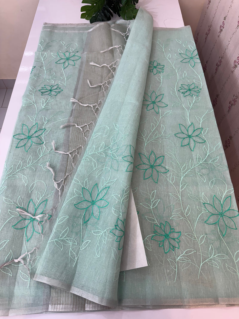 Tissue Linen Saree with embroidery MRS786 - Pastel BlueGreen