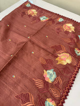 Crushed Blended tussar silk saree with embroidery- MTS355 - BrownyPeach
