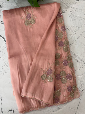 Handworked Premium Glass tissue flowy organza saree applique work MCH221 - Peach