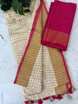 Linen checks saree with zari border MLS9766- Cream & Pink