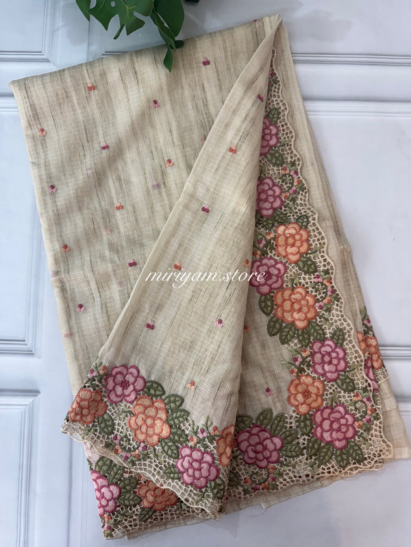 Embriodery Kota Silk Cutwork saree FBLK100 - Beige