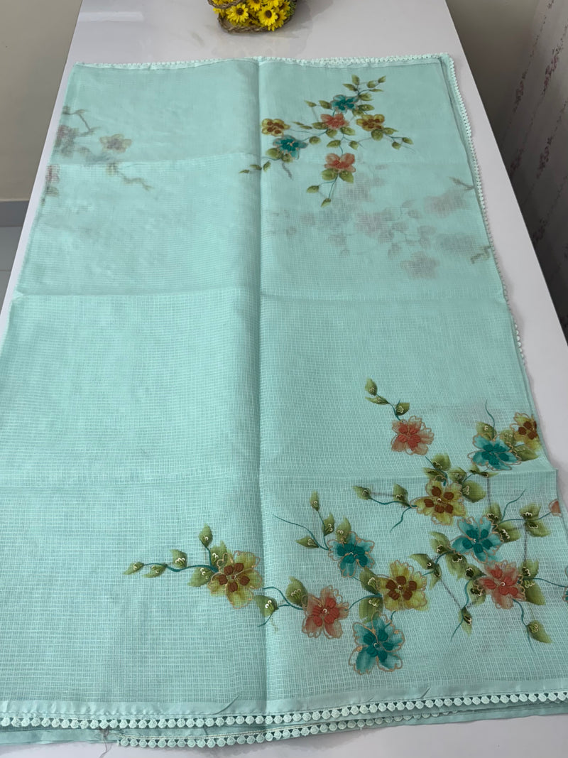 Soft kota silk saree with handpainting & embroidery MS14953 PastelBlue