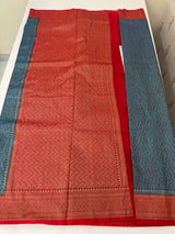 Banarasi semi katan saree with contrast border MKS455 OceanBlue to Red