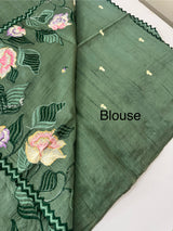 Crushed Blended tussar silk saree with embroidery- MTS355 - JadeGreen