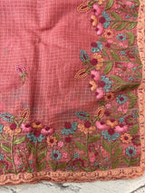 Soft kota checks saree with embroidery  - MS7843 Peach