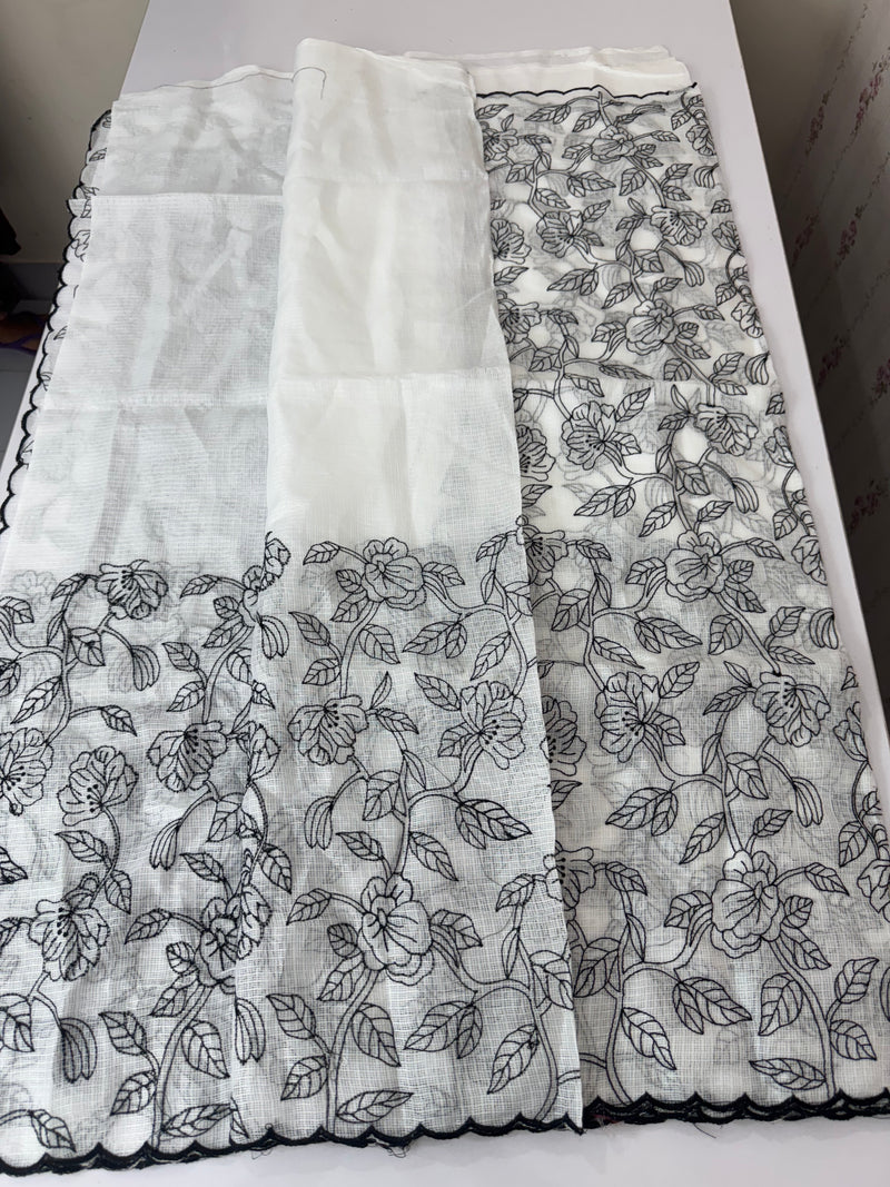 Soft kota checks saree with embroidery - SVWISS white & black