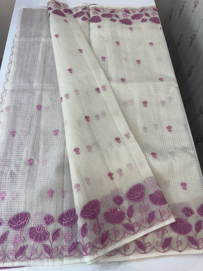 Tissue silk saree with zari checks and applique work  MSH105 -Offwhite to Pinklavender