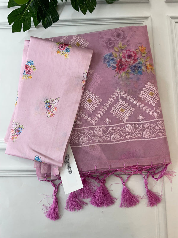 Floral printed Designer Organza Saree - MOS7122 PinkLavender