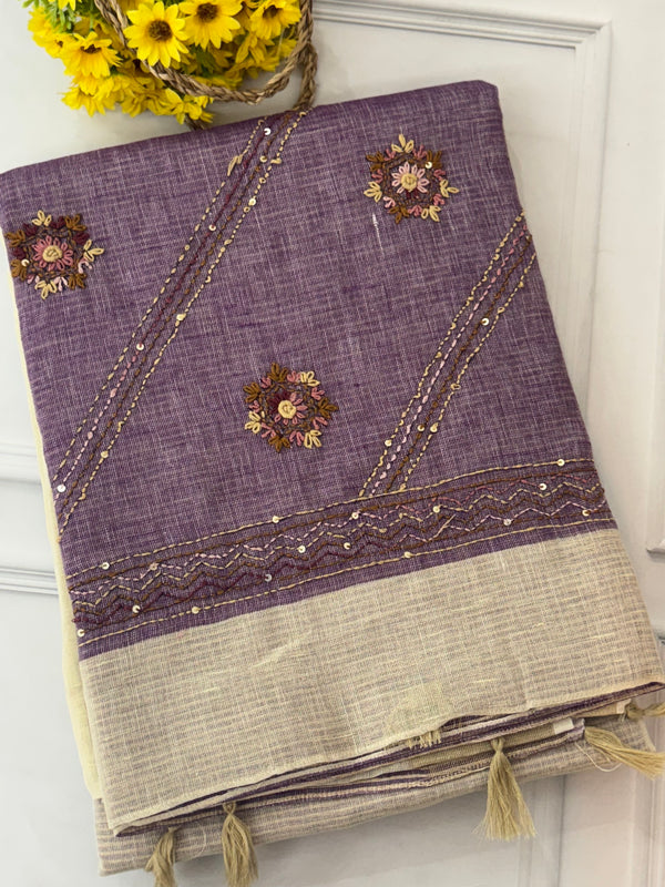 Linen saree with French knots and kanta embriodery MS94311