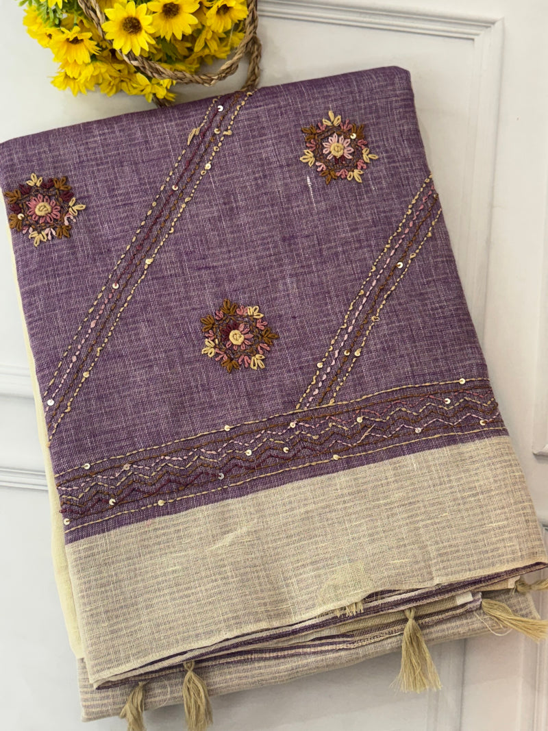 Linen saree with French knots and kanta embriodery MS94311
