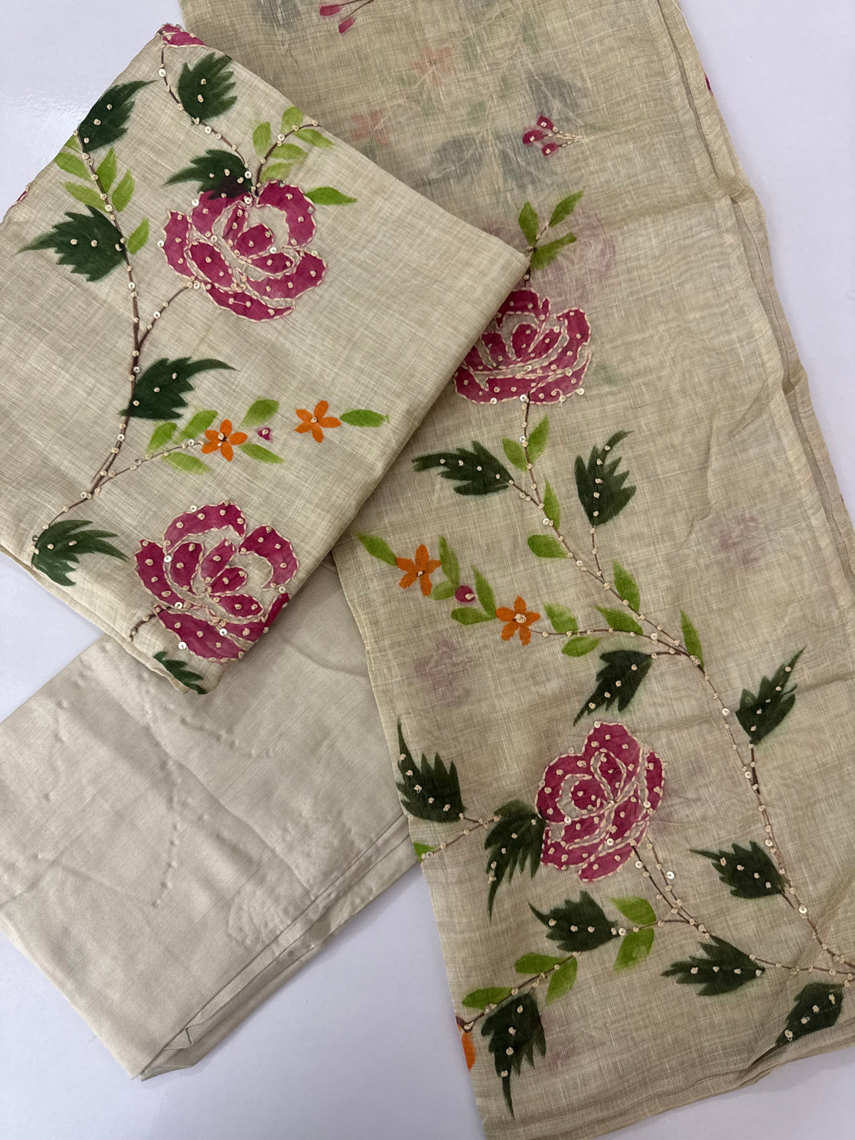 Unstitched Chanderi suit Set with kanta work- MK172