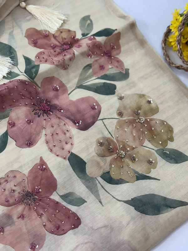 Blended tissue-tussar silk saree with french knots, sequence and bead work - MS19965