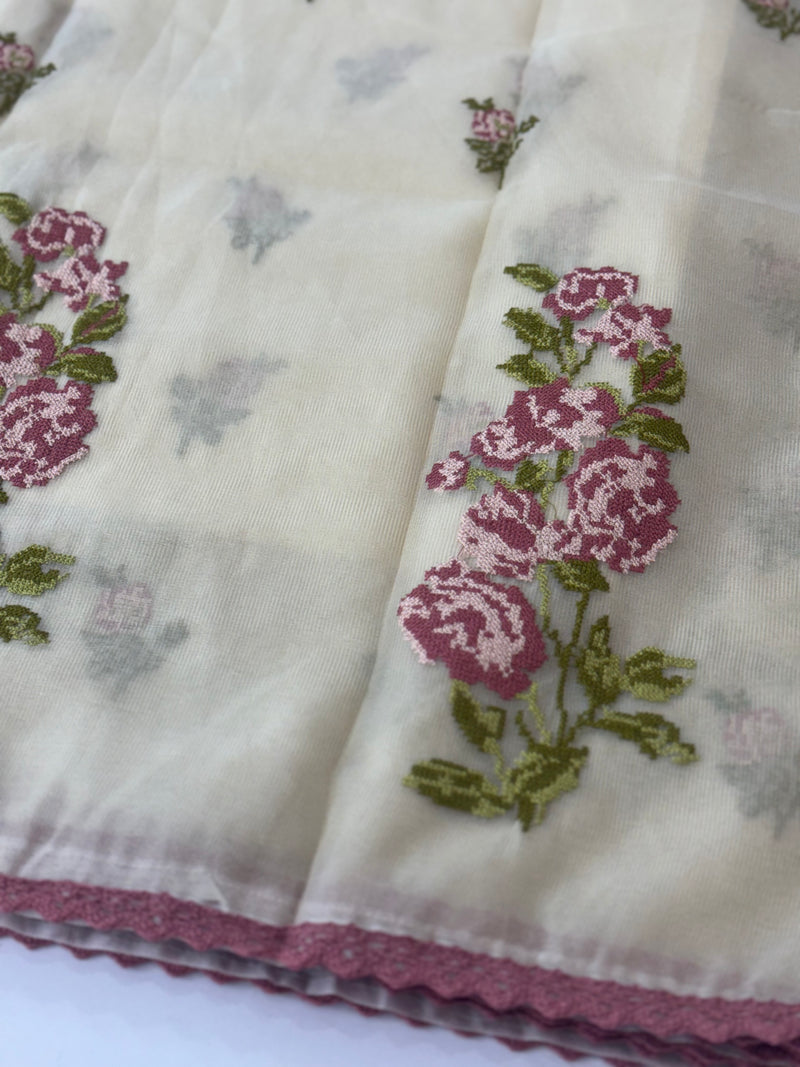 Viscose organza saree with cross stitch embroidery MS5089- DuskyOnion