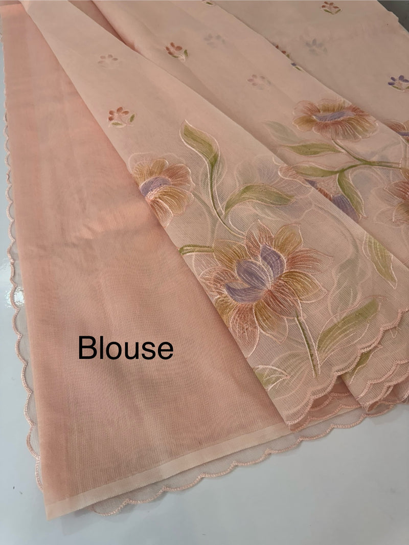 Supernet saree with embroidery and handpainting MSH104- PastelPeach