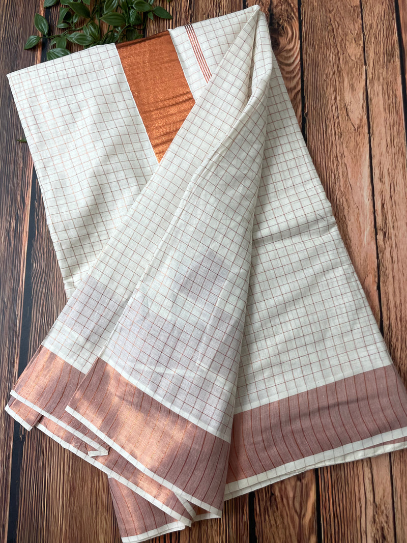 READY TO WEAR - Kerala cotton saree - rose gold checks