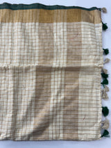 Linen checks saree with zari border MLS9766- Cream & BottleGreen