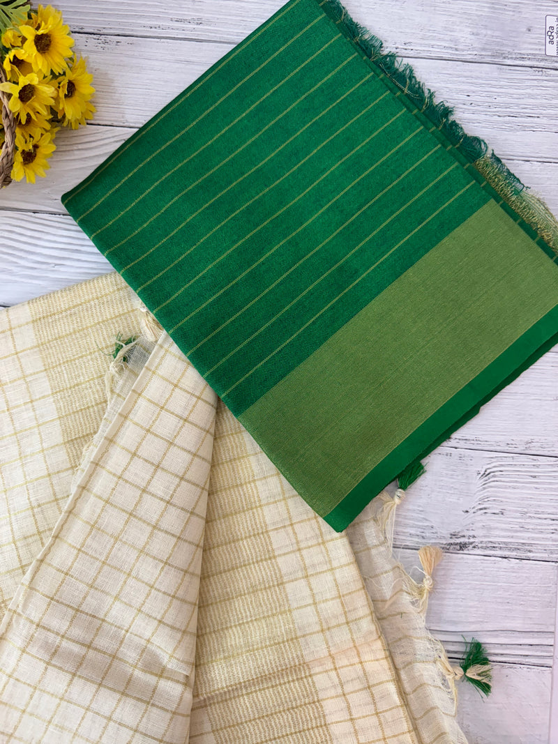 Linen checks saree with zari border MLS9766- GREEN