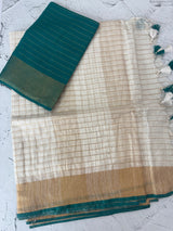 Linen cotton saree with antique zari checks MLS9766- Offwhite and RamaGreen