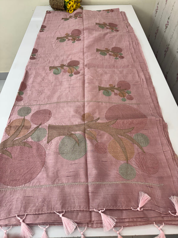 Crushed Blended tussar silk saree with embroidery- SNFCYEY Dusky OnionPink
