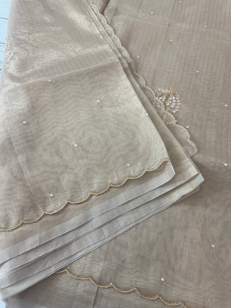 Tissue silk saree with mirror work and scalloped border MTSS432 - NudePink