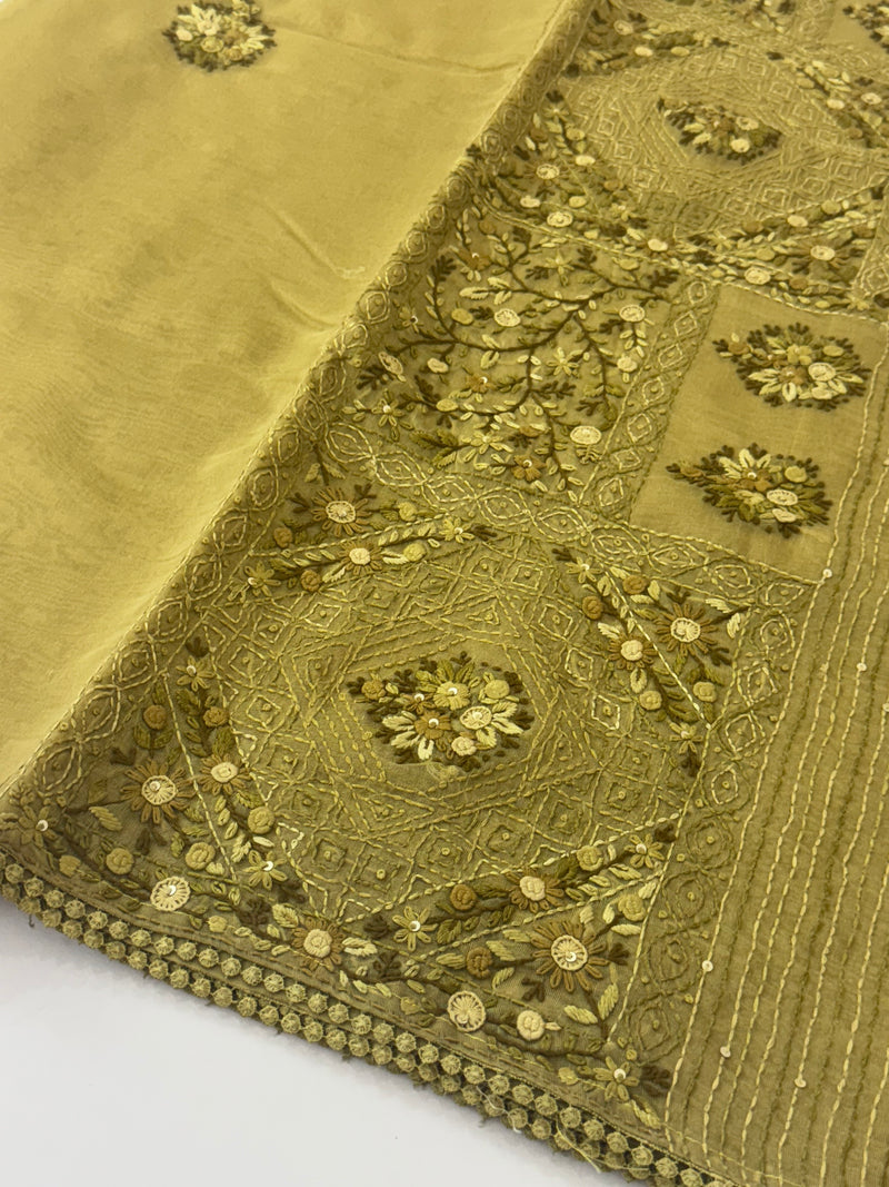 Handworked Tissue silk saree with French knots FBLK162 YellowMixGreen