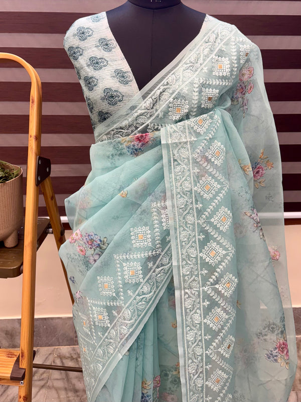 Floral printed Designer Organza Saree - MOS7120 BlueGreen