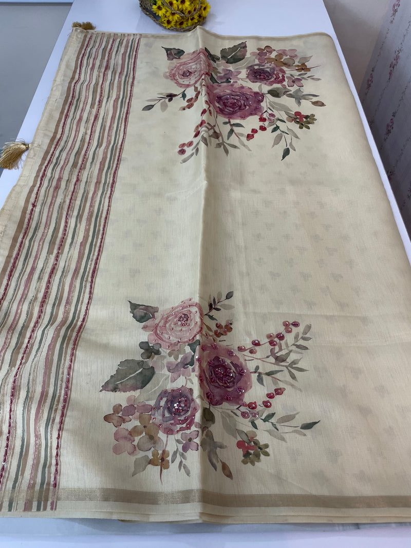 Linen- chanderi saree with french knots, sequence and bead work - MS19965