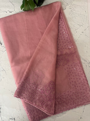 Semi Organza saree with applique and sequence borders - MCW699 OnionPink