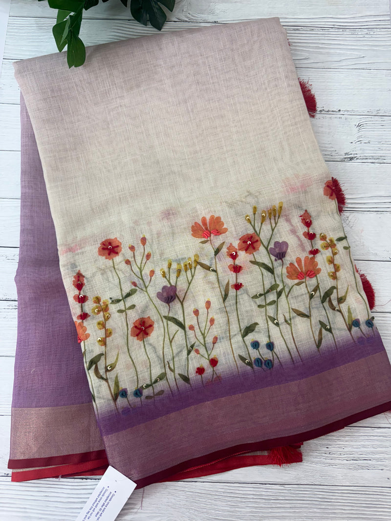 Handworked floral digital printed semi Linen Saree MLS611