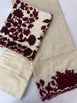 Unstitched Blended tussar suit set with applique work- MK105(2) PearlCream