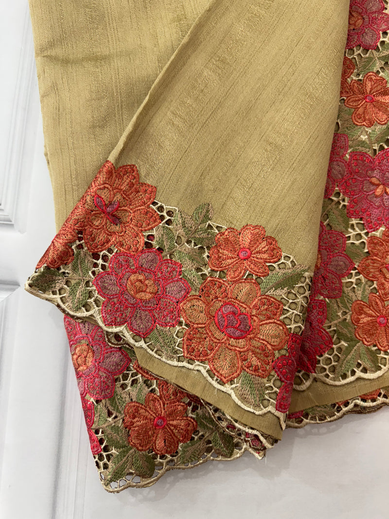 Blended Tussar georgette saree with cutwork borders - MS14140 GoldenCream