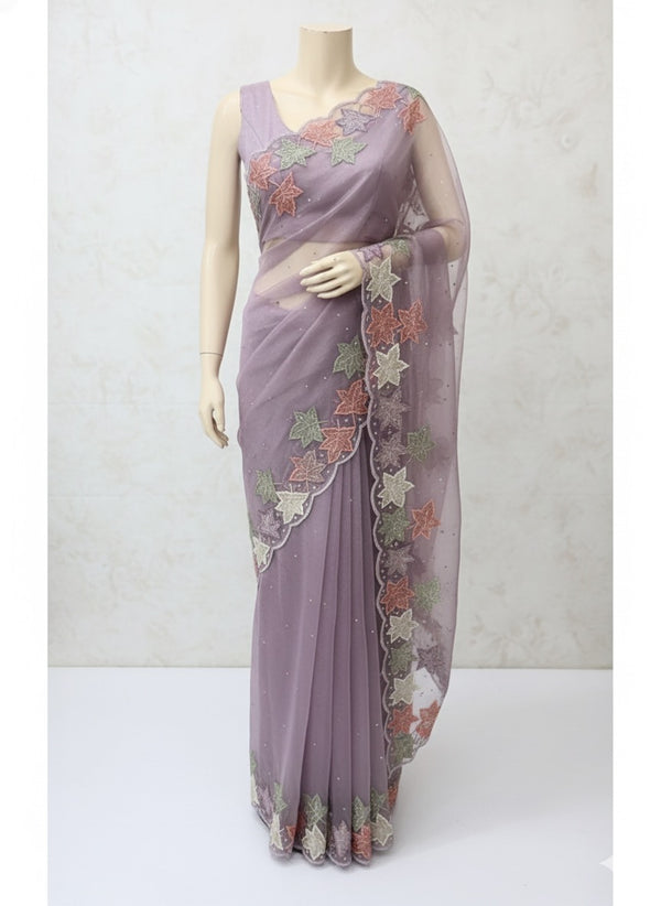 Handworked glass organza saree with applique work- MSHW227- Lavender