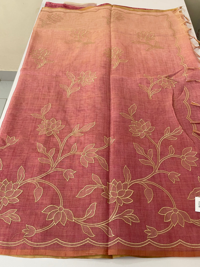 Ombre Soft Tissue linen saree with appliqué work MSL875