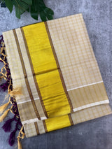 Kerala golden tissue cotton saree - checks